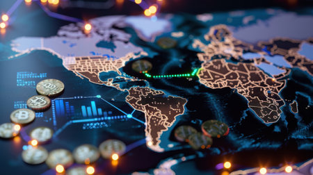 A vibrant digital map highlighting global connections with cryptocurrency coins scattered across, reflecting financial data and technology trends.の素材