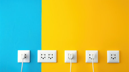 This vibrant image features multiple electrical outlets set against a striking blue and yellow wall, showcasing modern utility and stylish design.の素材