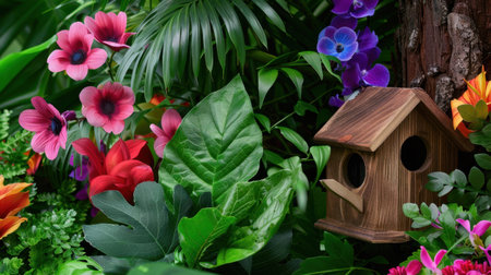 This captivating image showcases a vibrant garden filled with lush foliage and colorful flowers, complemented by a rustic wooden birdhouse, creating a serene atmosphere.の素材