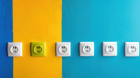 This image features a vibrant wall designed with colorful outlets, showcasing a unique combination of bright yellow and blue tones that enhance modern aesthetics.の素材