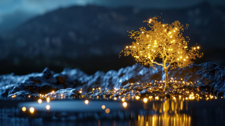 A stunning tree radiates a soft glow amidst calm waters, surrounded by distant mountains. Twinkling lights create a magical and serene atmosphere, perfect for artistic and nature-themed projects.の素材