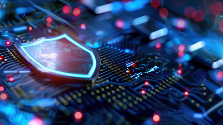 This visually striking image showcases a futuristic shield symbol over a circuit board, representing security in digital technology and emphasizing protection in cyberspace.の素材