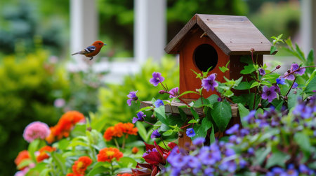 A charming garden scene featuring a rustic birdhouse surrounded by a variety of colorful flowers and a small bird hovering nearby, showcasing nature's beauty.の素材