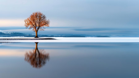 This stunning winter landscape captures a lonely tree reflecting in still water, creating a peaceful and serene scene perfect for nature lovers.の素材