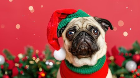Adorable pug dog dressed in a Christmas hat and sweater against a festive backdrop filled with holiday decorations and lights, radiating joy.の素材