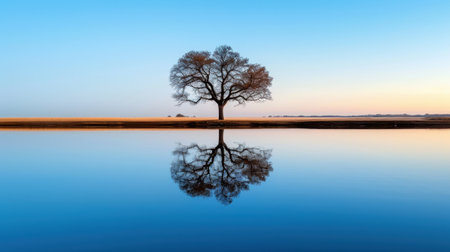 Captivating scene of a solitary tree by a still body of water, reflecting the colors of the sunset, creating a tranquil and serene atmosphere in nature.の素材