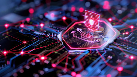 A captivating representation of digital security, showcasing a circuit board integrated with a shield icon, emphasizing cyber protection and data encryption.の素材