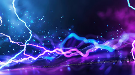 An electrifying visual of colorful lightning strikes intertwined with glowing particles. This dynamic abstract design creates a captivating atmosphere, perfect for various creative projects.の素材