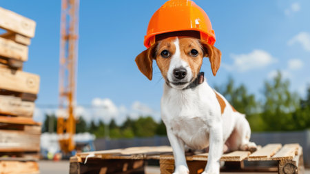 A cheerful dog wearing a bright orange construction helmet sits on wooden pallets at a lively outdoor construction site, showcasing a fun blend of playfulness and work.の素材