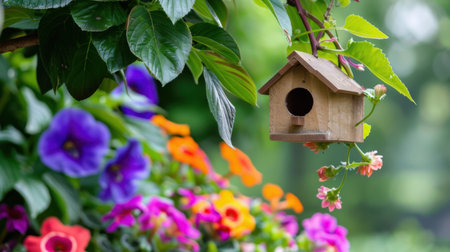 A delightful wooden birdhouse suspended from a leafy branch, surrounded by a vibrant display of blooming flowers. Perfect for nature lovers and garden enthusiasts.の素材