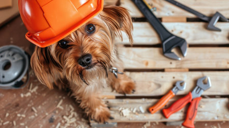 A charming dog wearing an orange hard hat sits on a wooden pallet surrounded by various tools, embodying a playful spirit in a construction-themed environment.の素材