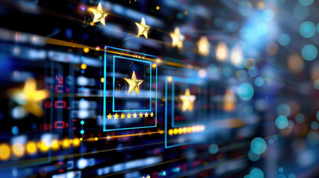 This image showcases a vibrant digital layout of customer ratings illustrated by glowing stars against a technology-inspired background.の素材