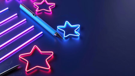 A captivating arrangement of neon stars and a blue pen on a dark surface, creating a perfect backdrop for artistic and creative projects.の素材