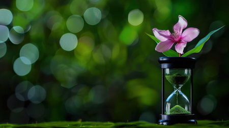 An artistic hourglass holds vibrant green sand alongside a delicate pink flower, set against a beautifully blurred natural background, symbolizing time.の素材