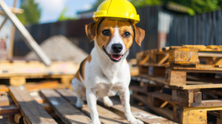 A cheerful dog wearing a bright yellow construction helmet stands on wooden pallets at a building site. The scene captures a playful moment filled with joy and safety.の素材