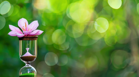 An artistic hourglass topped with a delicate pink flower, set against a vibrant green bokeh background, representing beauty and the passage of time.の素材