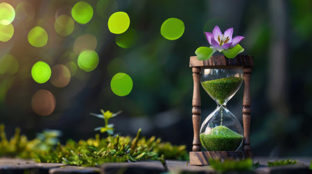 This captivating image features an hourglass filled with green sand, topped with a delicate purple flower, set against a tranquil natural background, evoking themes of time and growth.の素材