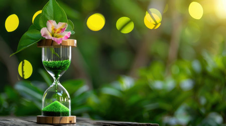 An artistic rendering of an hourglass filled with vibrant green sand, adorned with a delicate flower, set in a lush natural environment.の素材