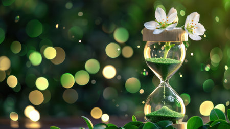 This captivating image features a delicate hourglass filled with green sand, adorned with blooming flowers against a beautiful bokeh background, symbolizing the passage of time and the beauty of nature.の素材