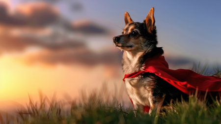 A courageous dog wearing a red cape stands proudly on a hilltop at sunset, embodying the spirit of heroism and adventure in a vibrant landscape.の素材