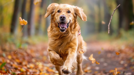 A joyful golden retriever trots through a picturesque autumn forest, surrounded by vibrant leaves. This happy dog captures the essence of playful adventure in nature.の素材