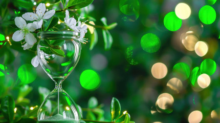 A beautiful hourglass filled with sand, adorned with delicate white flowers set against a vibrant green backdrop. This serene scene captures the essence of time, nature, and harmony.の素材