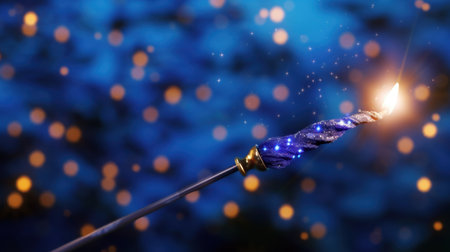 A beautifully crafted magical wand glows with sparkles against a soft blue background, enhanced by dreamy bokeh lights, ideal for fantasy themes.の素材