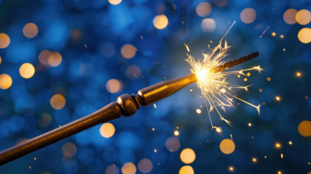 A close-up of a sparkler wand emitting bright sparks, creating a magical atmosphere against a blurred background of colorful twinkling lights, perfect for celebrations.の素材