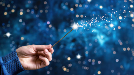 A hand holds a sparkling magic wand, emitting twinkling stars against a deep blue background, evoking a sense of wonder and fantasy perfect for creative projects.の素材