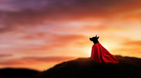 A striking silhouette of a dog wearing a red cape, perched on a hilltop against a vibrant sunset sky, symbolizes bravery and adventure in nature.の素材