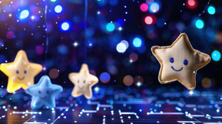 Delightful hanging stars with smiley faces create a whimsical atmosphere against a vibrant backdrop of colorful bokeh lights, evoking joy and creativity.の素材