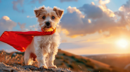 A small, fluffy dog dons a vibrant red cape, striking a heroic pose against a stunning sunset sky filled with dramatic clouds. Perfect for pet lovers!の素材