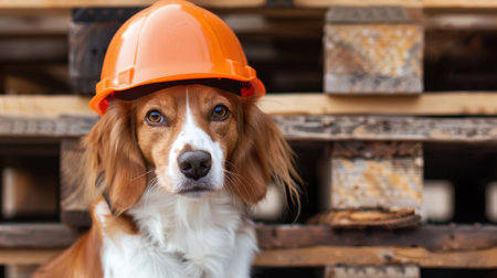 An adorable dog wears an orange safety helmet, adding humor and charm to a construction setting with wooden pallets in the background. Perfect for themes of safety and pets.の素材