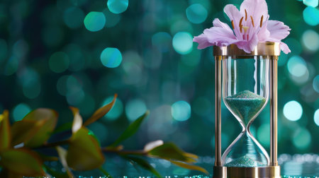 This captivating image features an elegant hourglass adorned with a delicate pink flower, set against a shimmering blue backdrop. The composition symbolizes the passage of time and the beauty of nature, inviting reflection and tranquility.の素材
