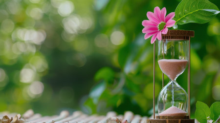 This beautiful image features an hourglass adorned with a pink flower, set against a lush green backdrop, symbolizing the interplay of time and growth in nature.の素材