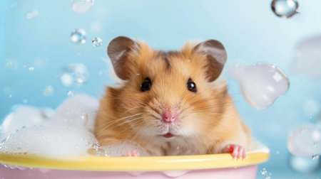 A delightful portrait of a cute hamster enjoying a bubble bath, showcasing its fluffy fur and playful expression against a bright blue background.の素材