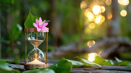 A serene hourglass with a pink flower rests on a wooden surface, surrounded by lush greenery and soft sunlight, evoking feelings of tranquility and beauty.の素材