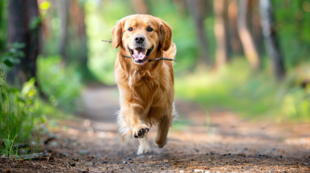 A cheerful golden retriever joyfully runs through a lush green forest path, holding a stick, capturing the spirit of adventure and playfulness in nature.の素材