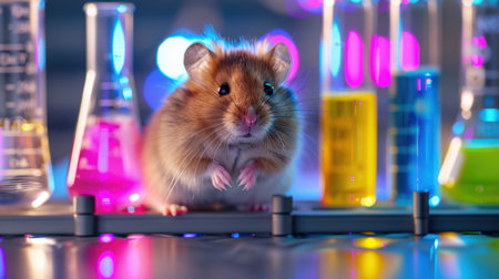 A charming hamster poses in a vibrant laboratory setting surrounded by colorful test tubes and beakers, symbolizing the intersection of pets and science.の素材
