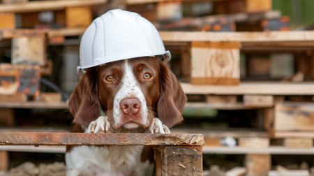 A cute dog with brown and white fur wearing a construction helmet rests its front paws on a wooden pallet, showcasing a curious expression in a worksite setting.の素材