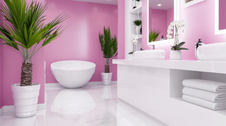 This modern bathroom features vibrant pink walls and minimalistic decor for a stylish and inviting atmosphere. Elegant accessories enhance the relaxing ambiance.の素材