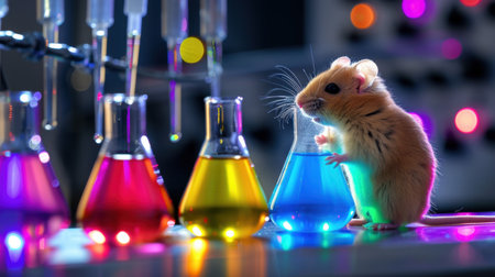 A small rodent curiously inspects colorful laboratory flasks filled with vibrant liquids, showcasing the intersection of science and nature in a captivating scene.の素材
