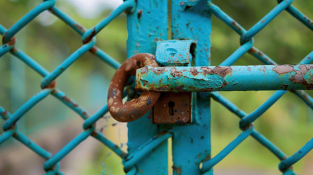 A close-up view of a rusty lock securing a blue metal gate, set against a blurred green background. The weathered textures evoke feelings of age and neglect.の素材