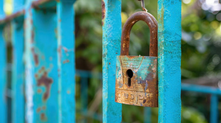 A close-up view of a rusty padlock attached to an old fence, showcasing the vibrant blue paint and lush green surroundings, symbolizing security and time.の素材