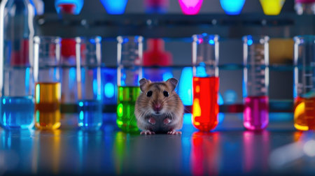 A curious hamster explores a science laboratory filled with colorful test tubes containing vibrant liquids, showcasing a creative experiment atmosphere.の素材