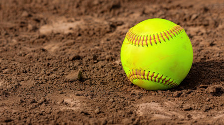 A bright yellow softball rests on a rich brown dirt surface, symbolizing readiness for play in an outdoor sports environment. Ideal for themes around sports and recreation.の素材