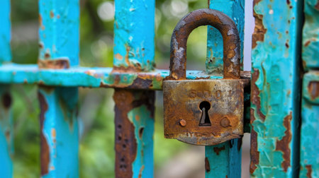 A close-up view of a rusty padlock on a weathered blue gate, with a blurred green background highlighting the contrast between nature and man-made security.の素材