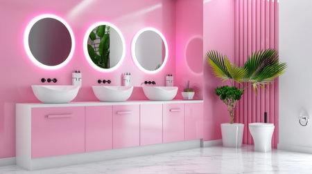 Explore a chic modern pink bathroom filled with stylish sinks, vibrant mirrors, and lush greenery, creating a refreshing and elegant space for relaxation.の素材
