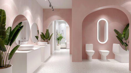 This modern bathroom features stylish pink walls and lush green plants, creating a serene atmosphere perfect for relaxation and wellness.の素材