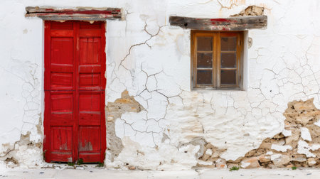 This captivating image features a weathered red door and a cracked white wall, complemented by a charming wooden window. The details highlight decay and rustic beauty.の素材